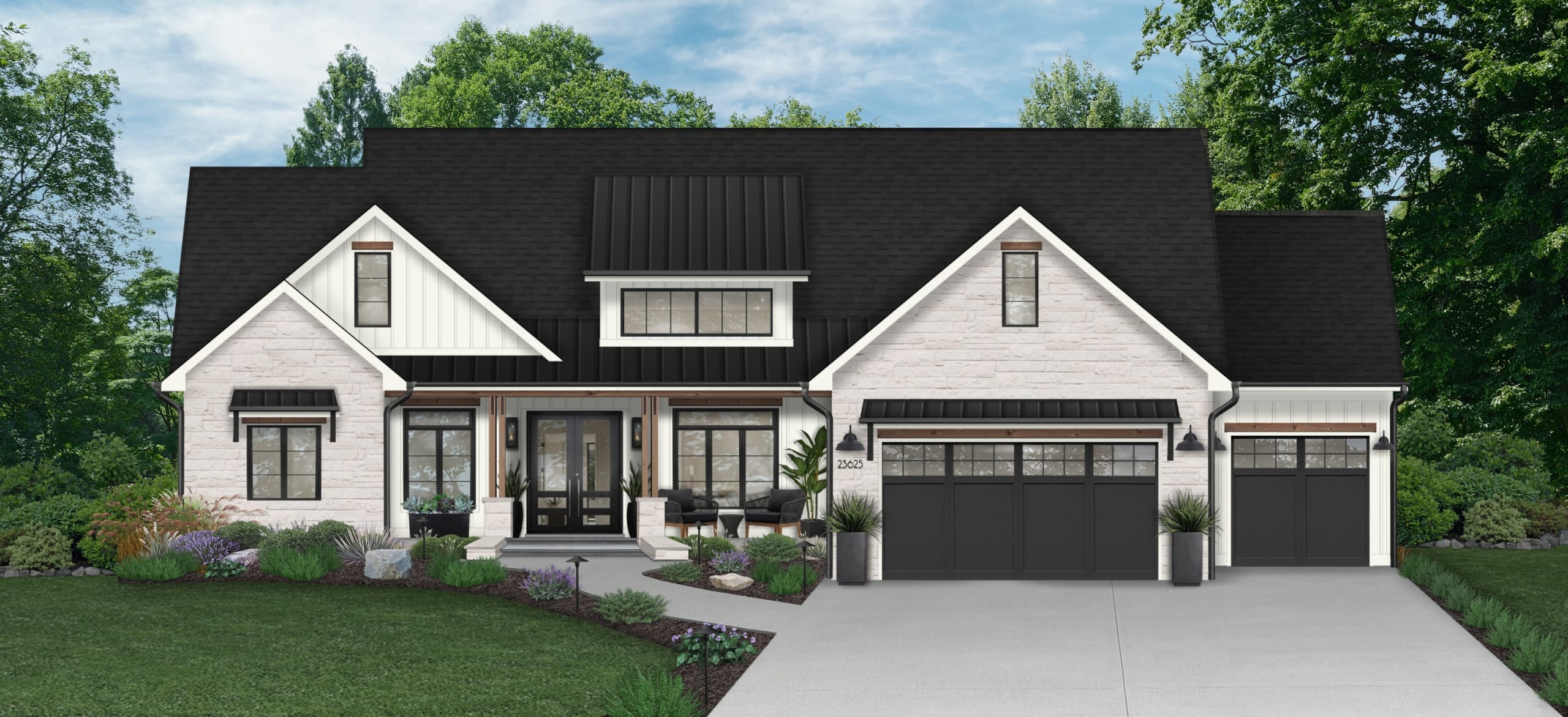 Digital rendering of a home exterior with white painted brick, white siding, and a black roof.
