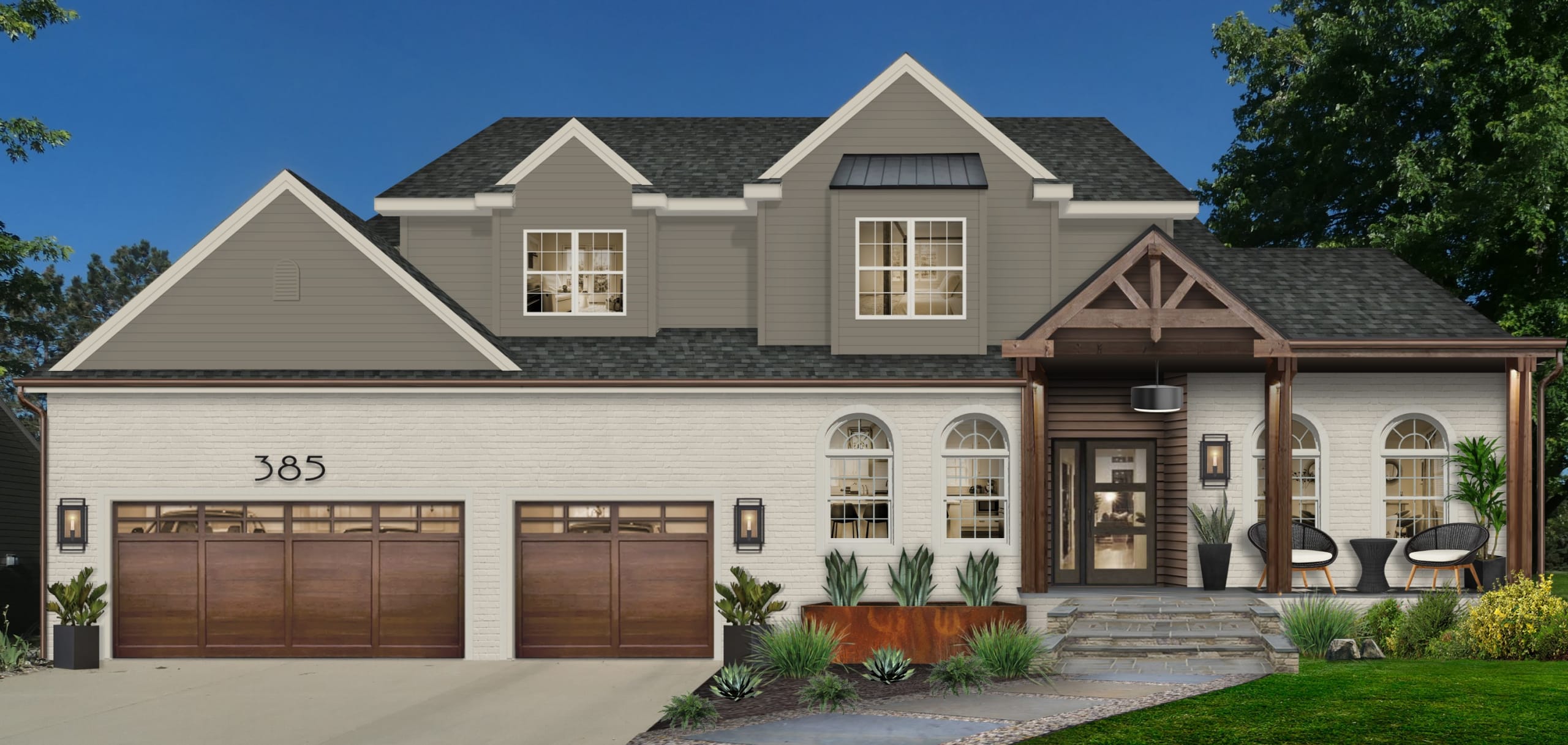 Virtual exterior design of a home painted in Sherwin Williams' Anonymous paired with Revere Pewter