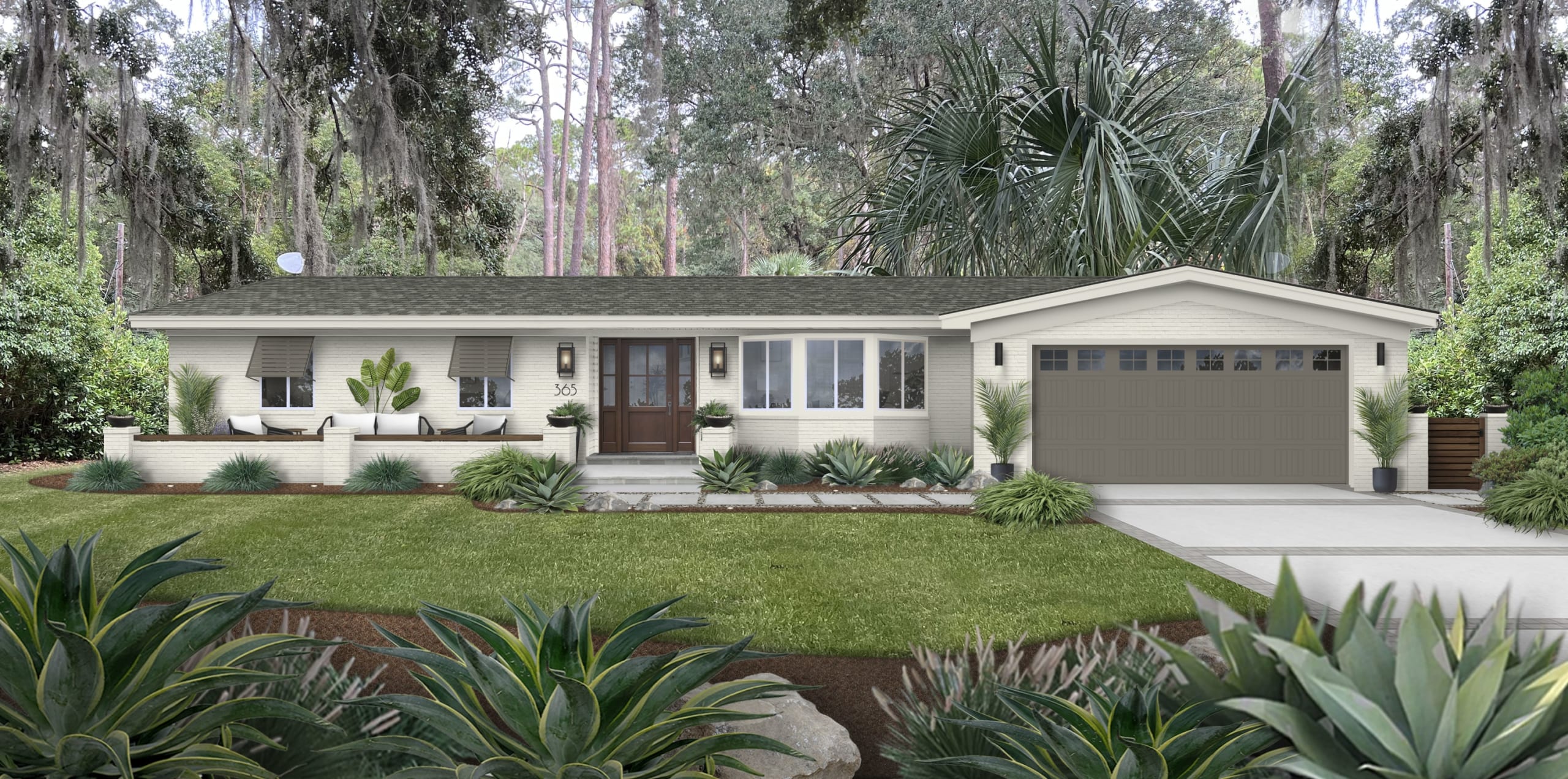 brick&batten digital design of a ranch structure home.