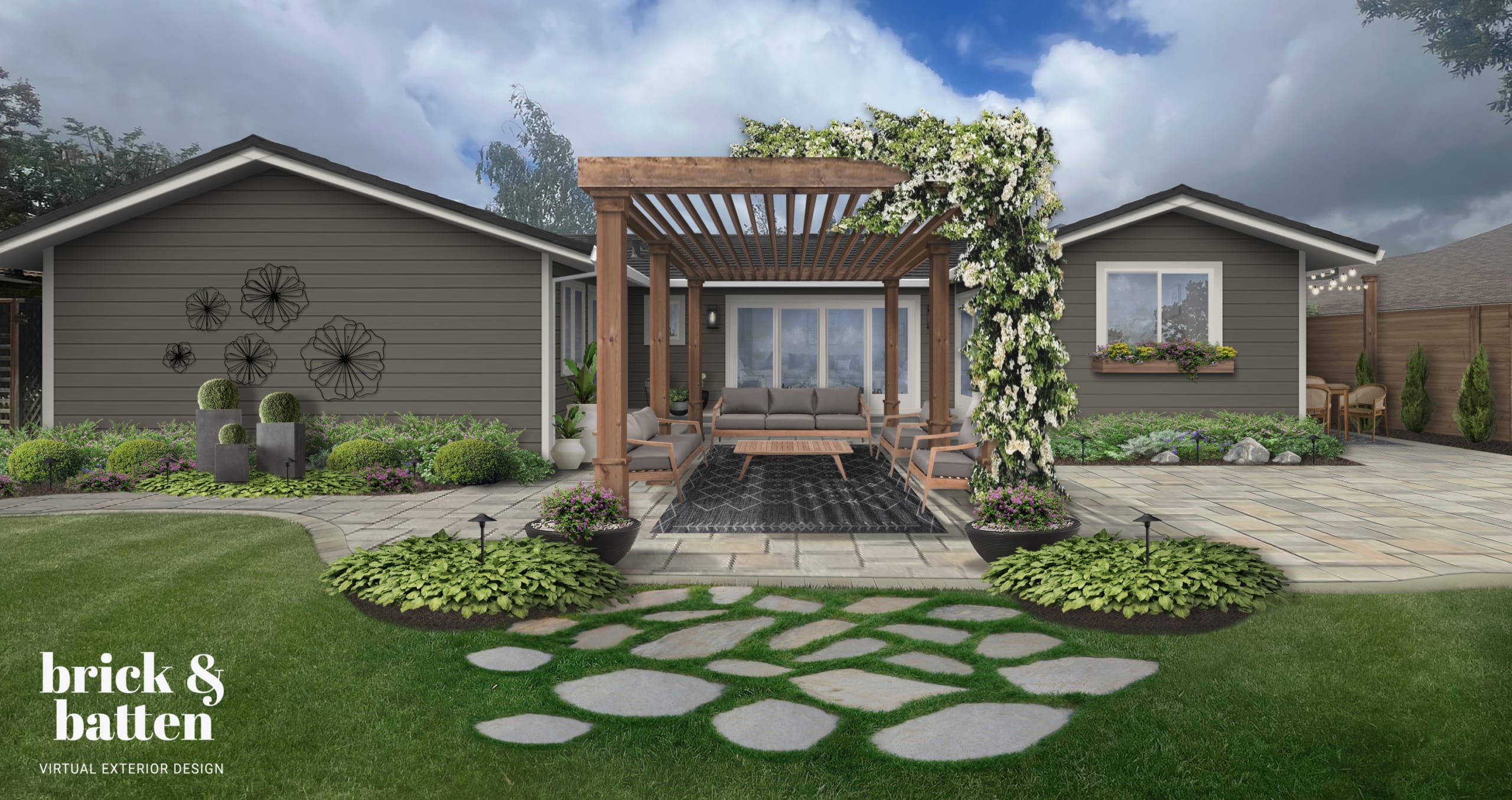 Greige home exterior with a pergola designed by brick&batten.