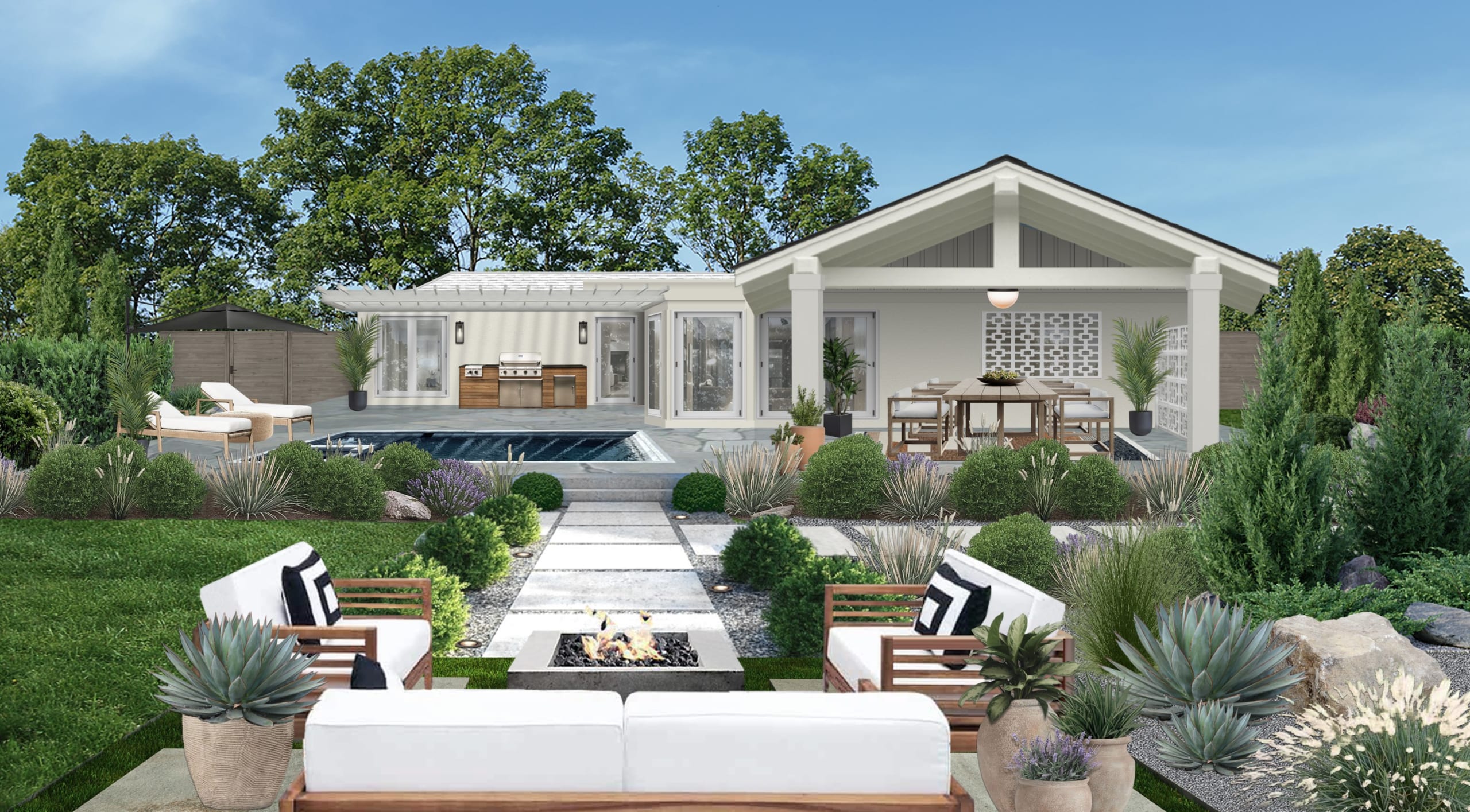 Yard with hot tub, fire pit, and built-in grill designed by brick&batten.