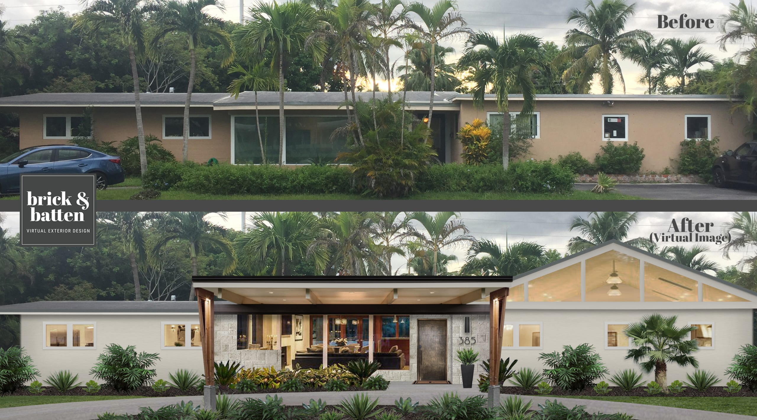 A rendering of a home exterior featuring one of brick&batten's favorite front door ideas