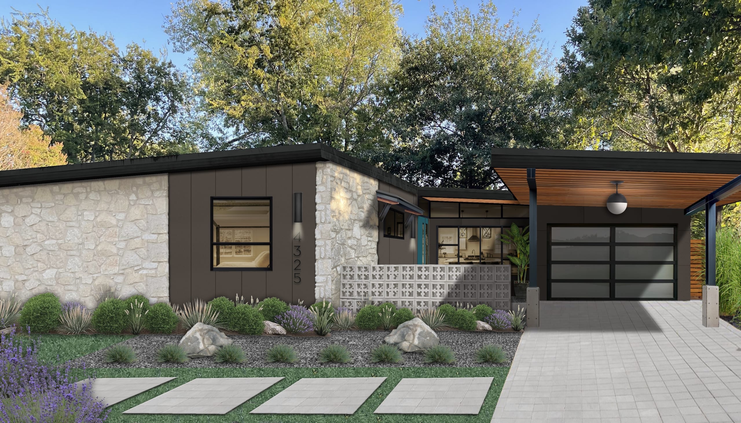 A contemporary ranch home rendered in Black Fax and Balboa Mist