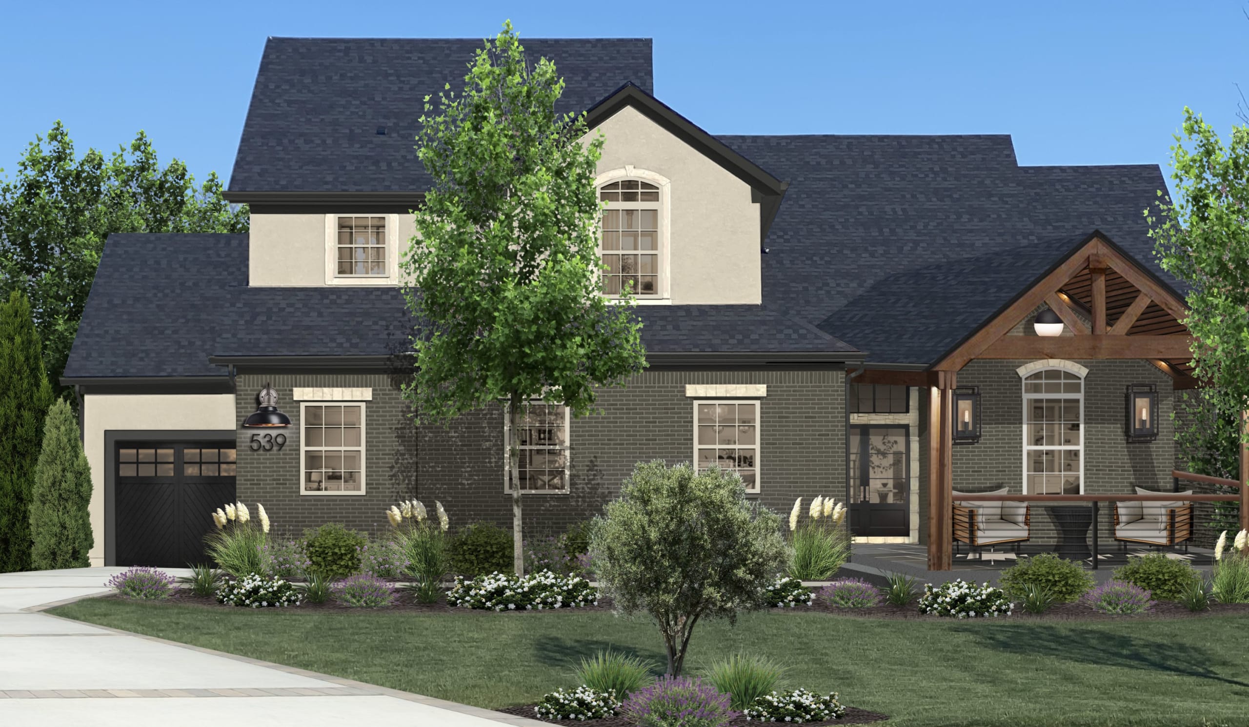 two story mountain modern home painted in manchester tan and aegean olive with wood beam accents