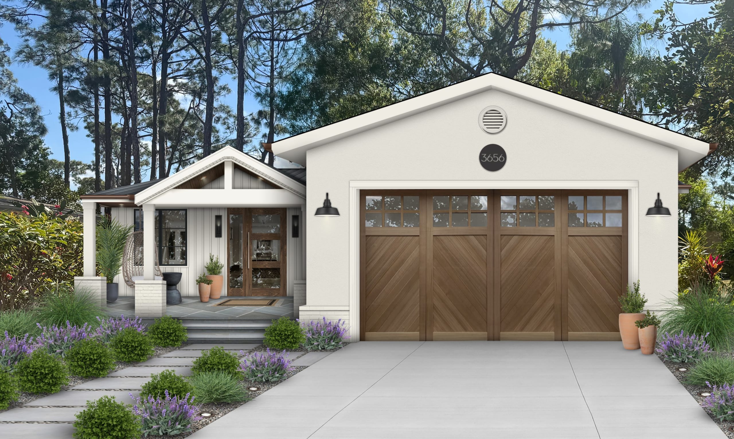 White stucco house with wood accents designed by brick&batten.