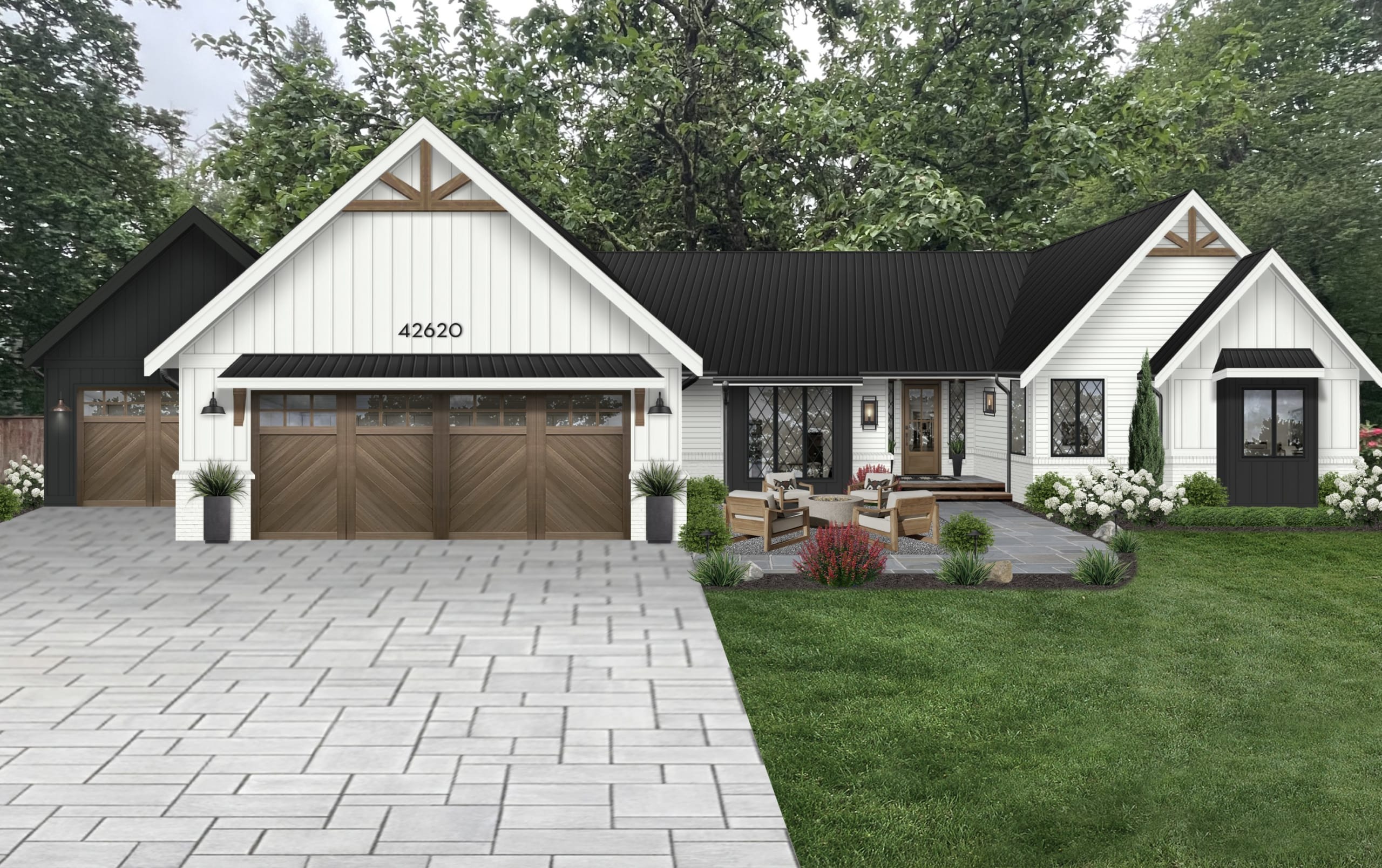 Traditional home with x windows with wood accents and two tone color