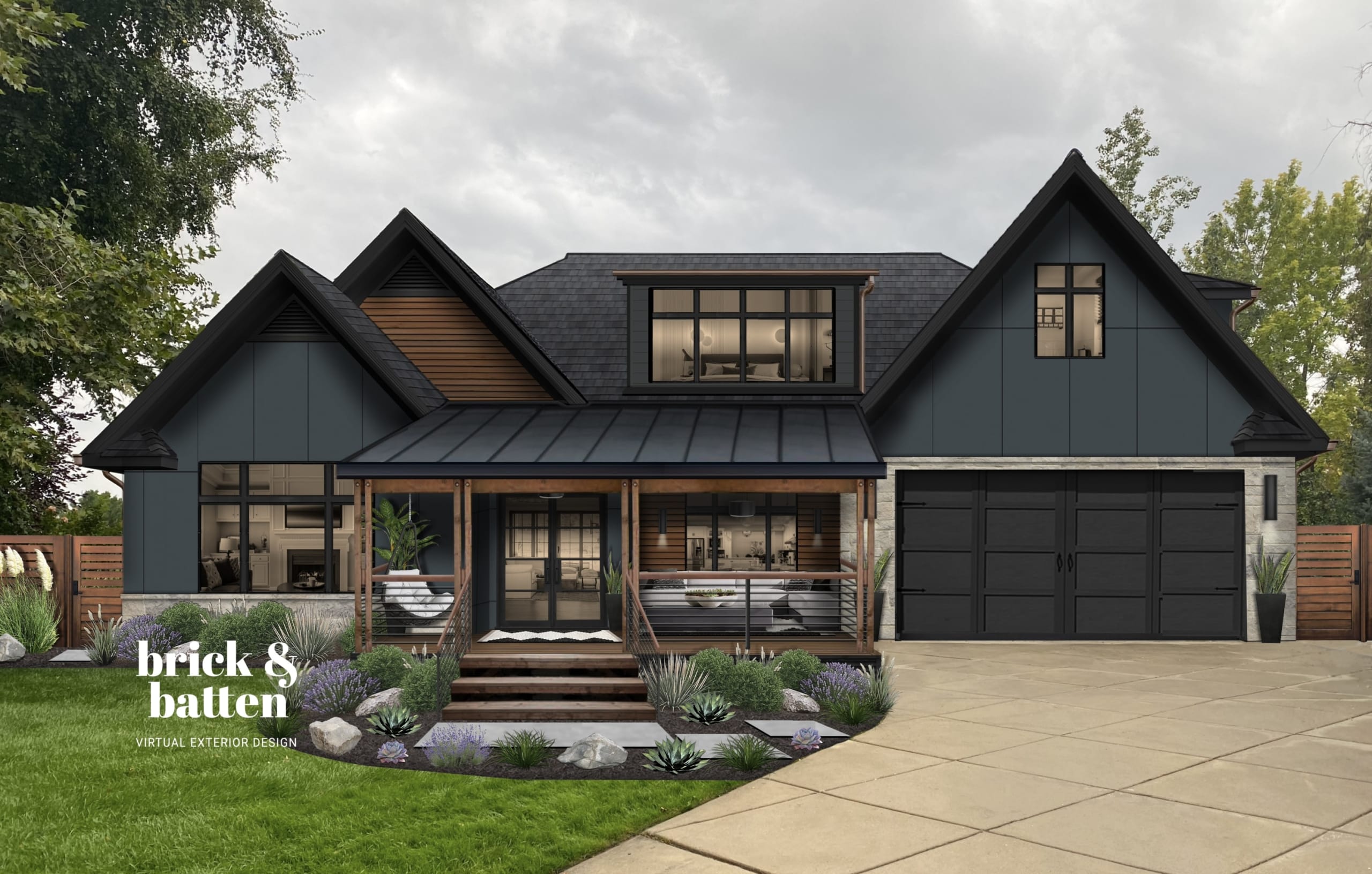brick&batten home exterior design using wood to accentuate part of the house
