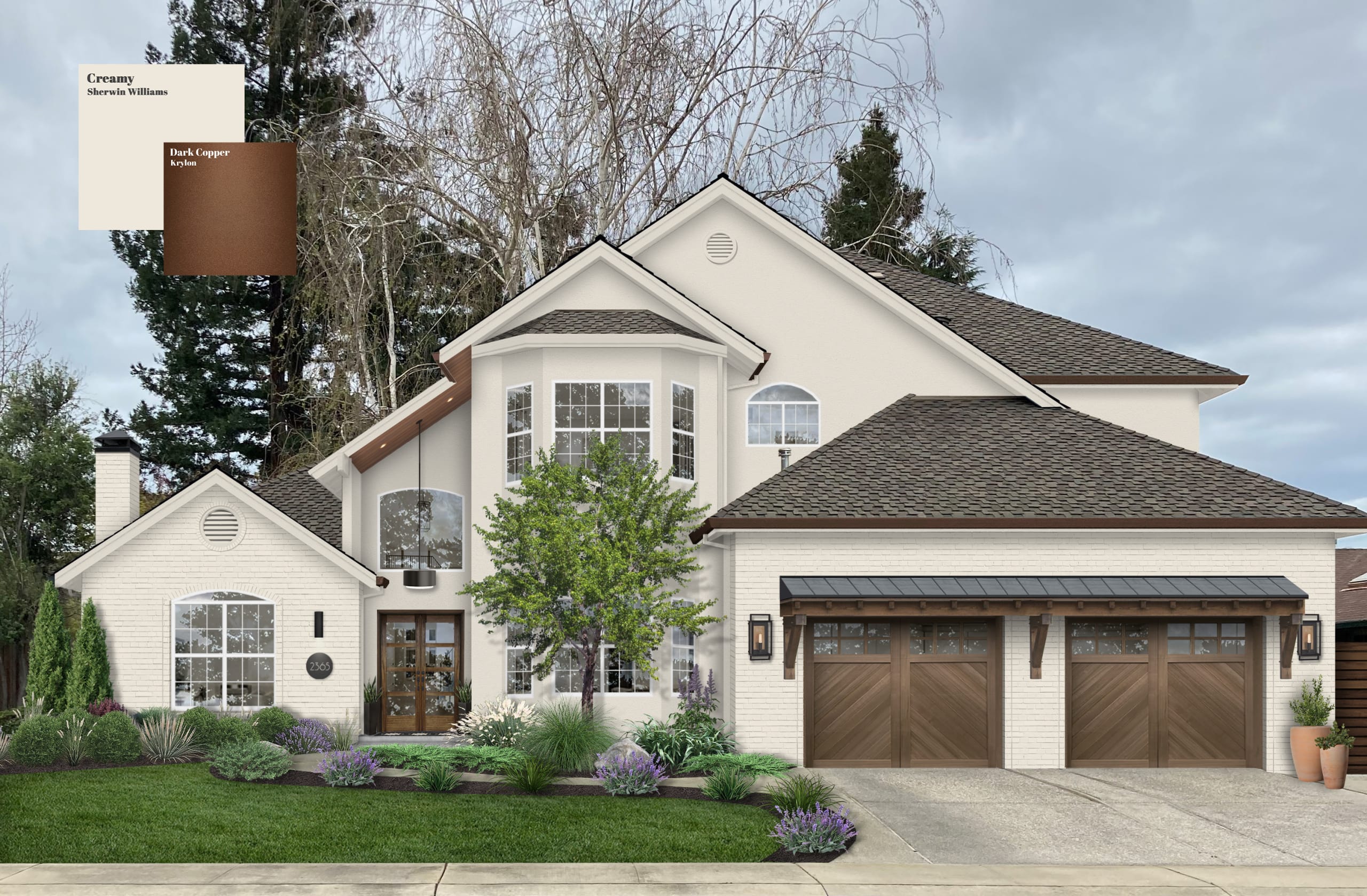 Virtual rendering of a home with paint swatches by b&b.