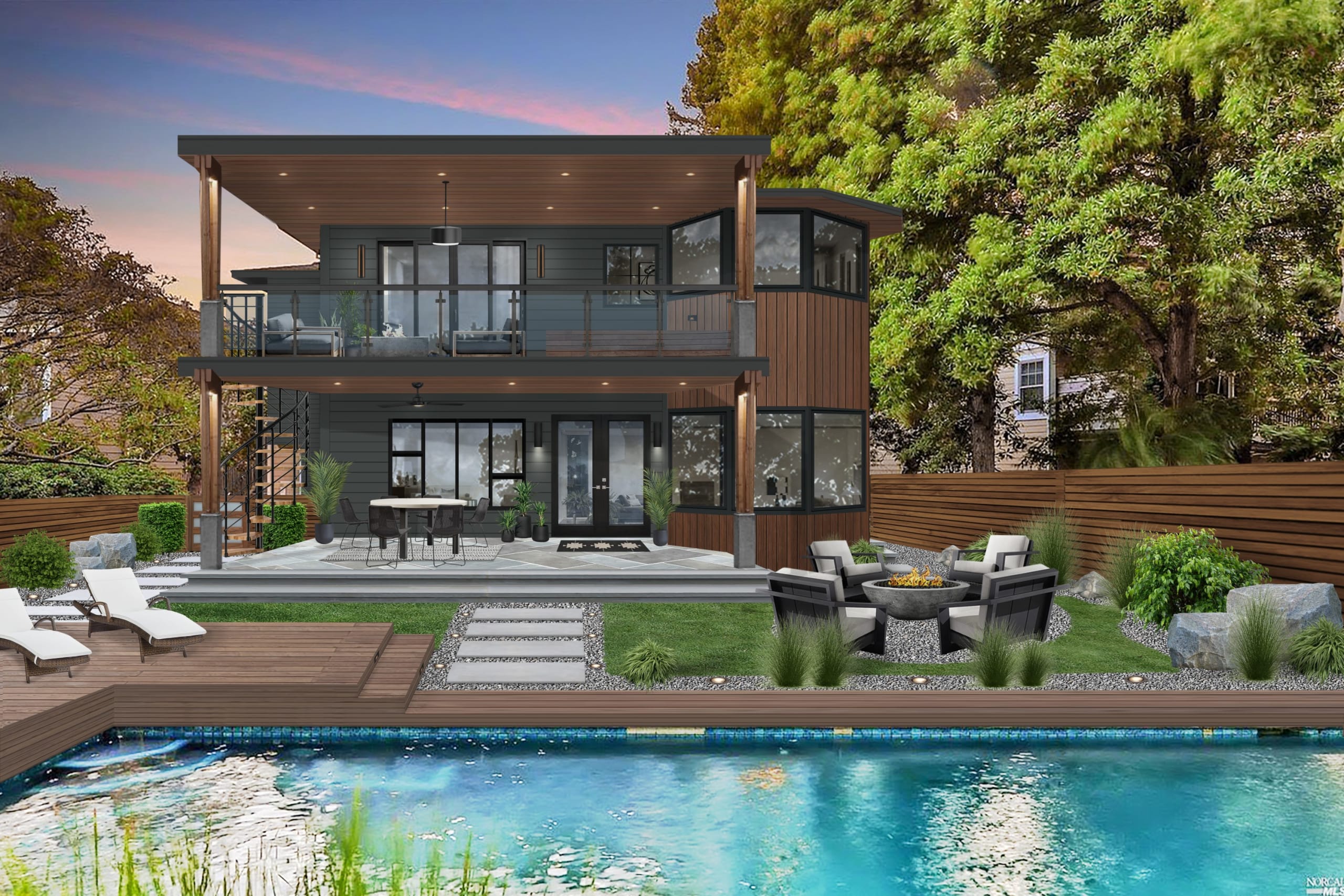 Contemporary home with gorgeous back yard design with swimming pool.