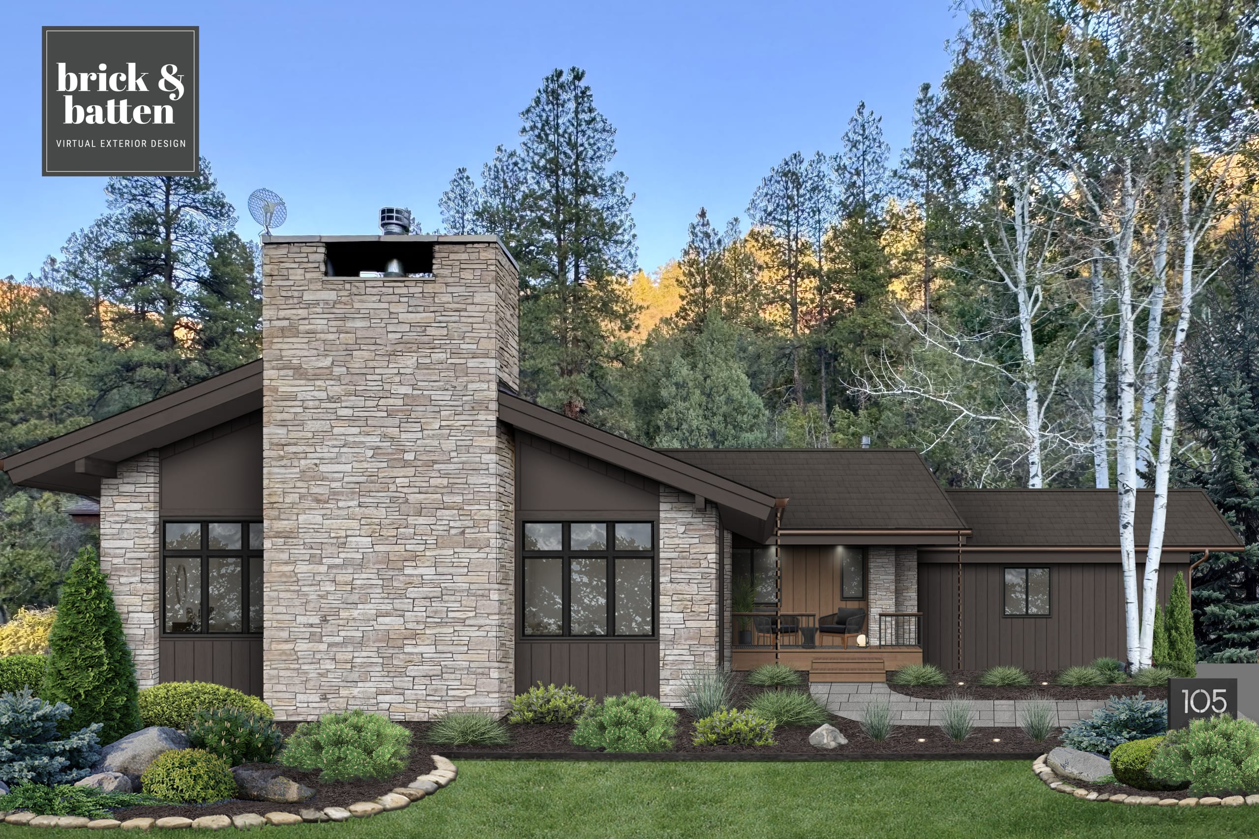 Silhouette by Benjamin Moore alongside stone siding for texture.
