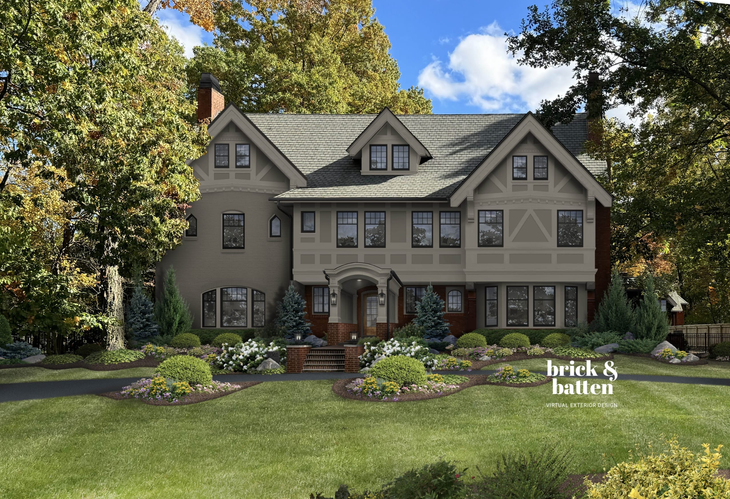 Traditional Tudor home with Anonymous paint by Sherwin Williams on brick and Felted Wool on trim and some exposed brick