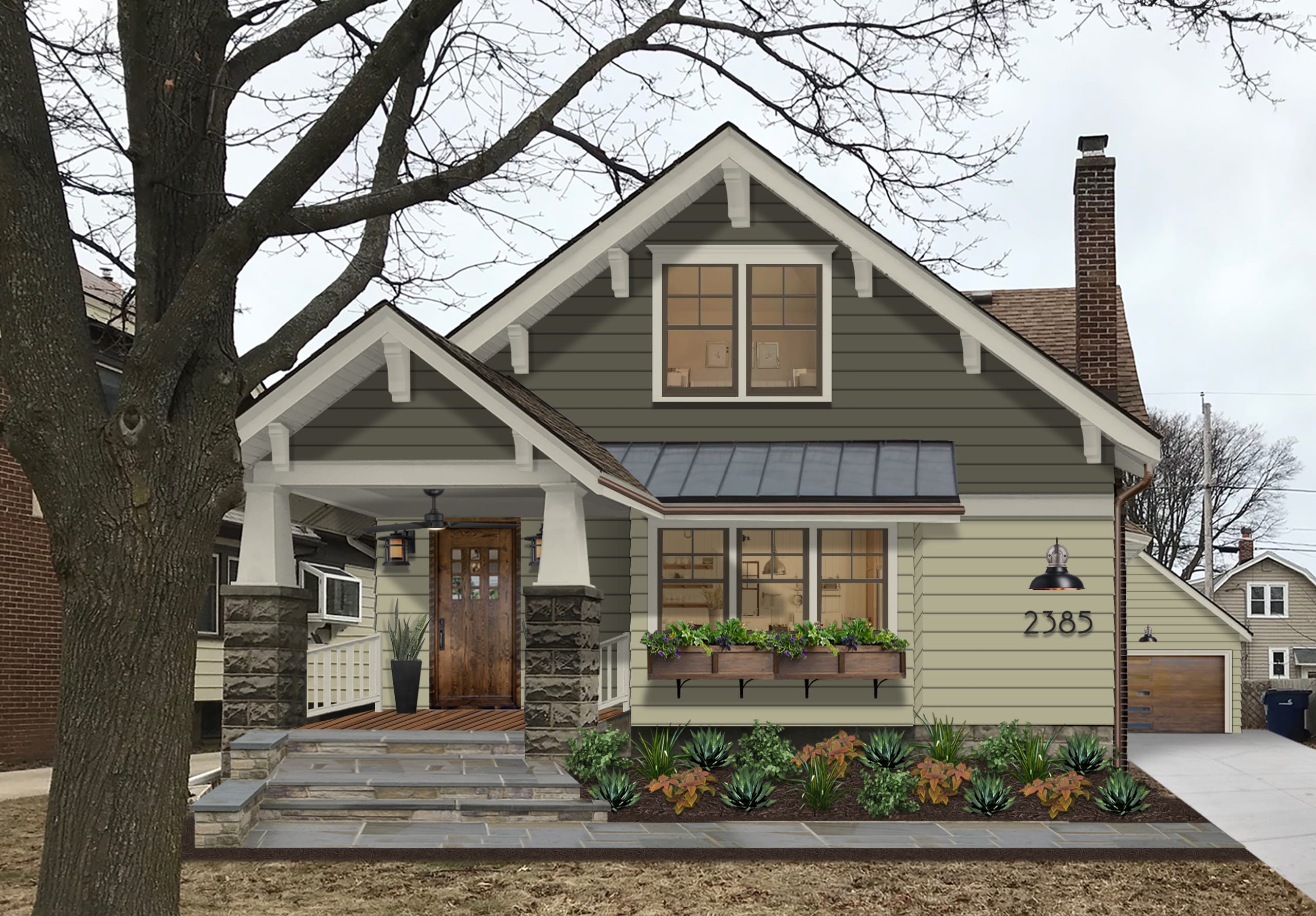 small bungalow painted in earth tone color with stone columns