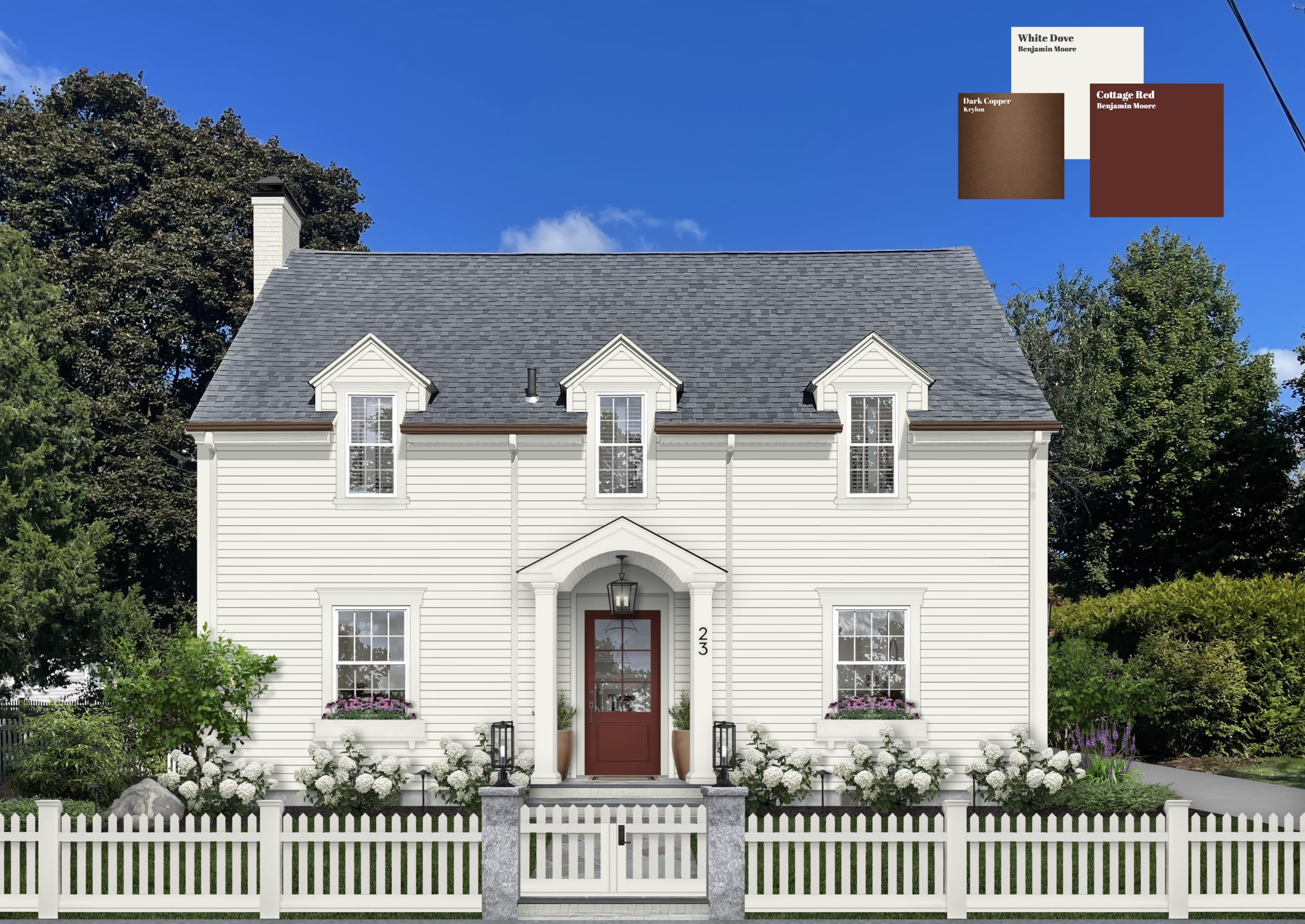 Traditional home with red painted front door.