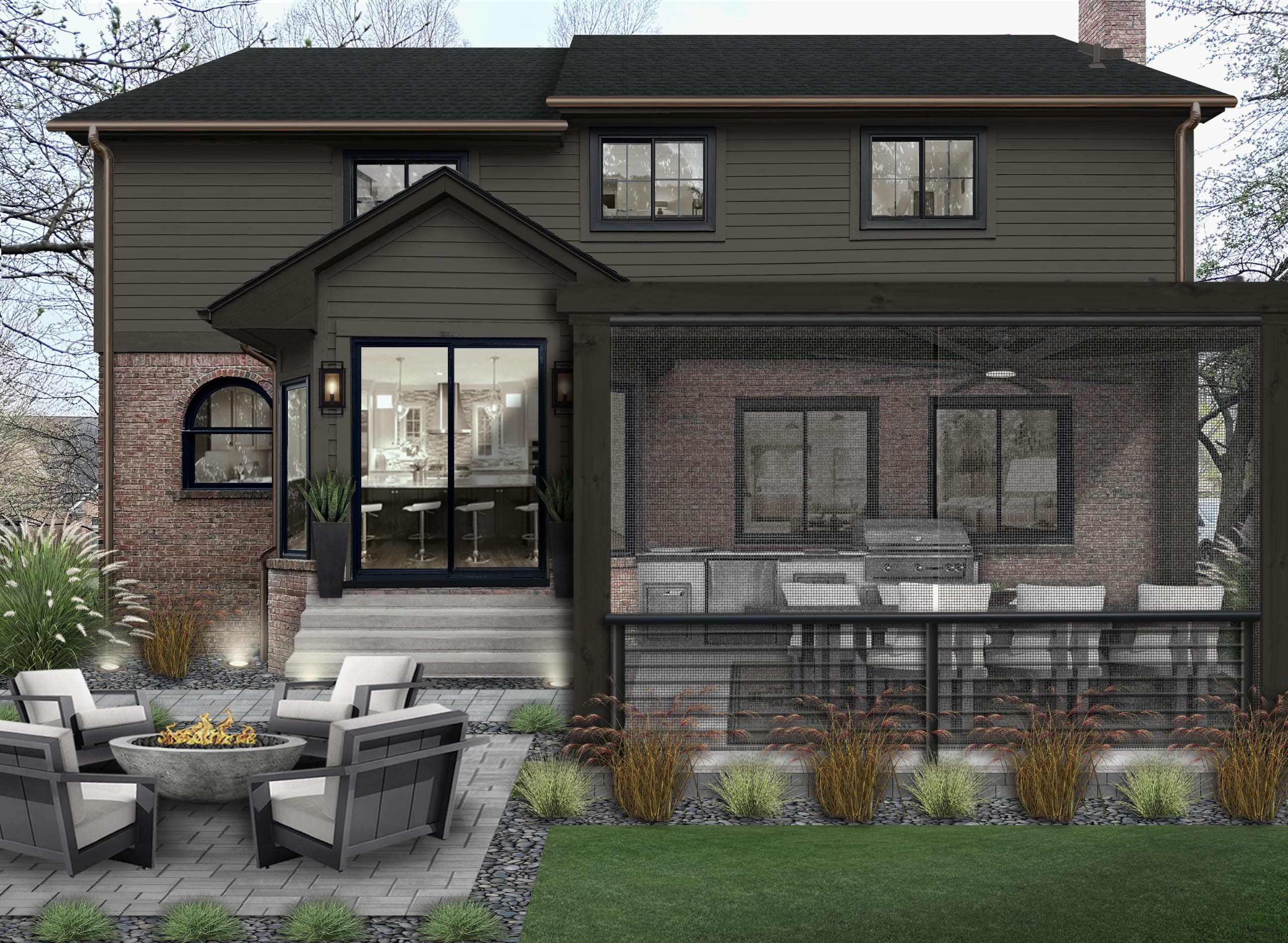 An outdoor patio with a screen and simple outdoor kitchen, designed by brick&batten.