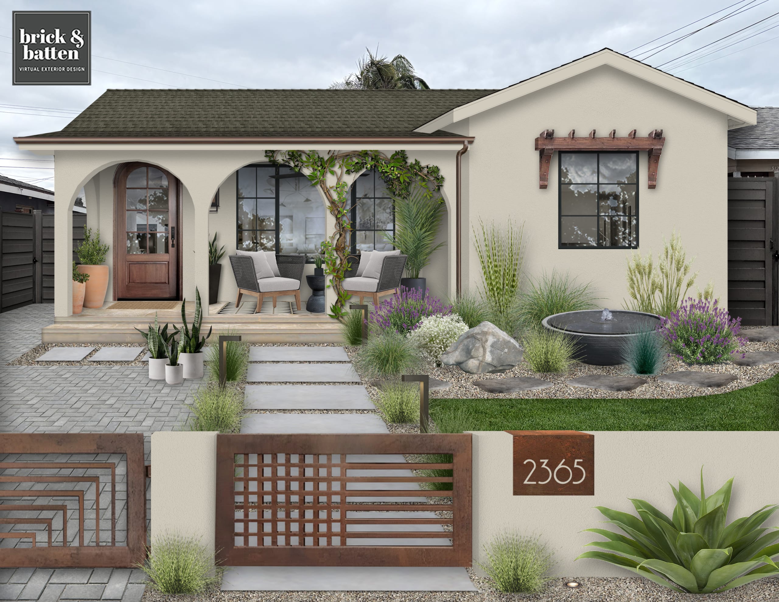 Traditional home with a fountain and lush greenery, designed by b&b.