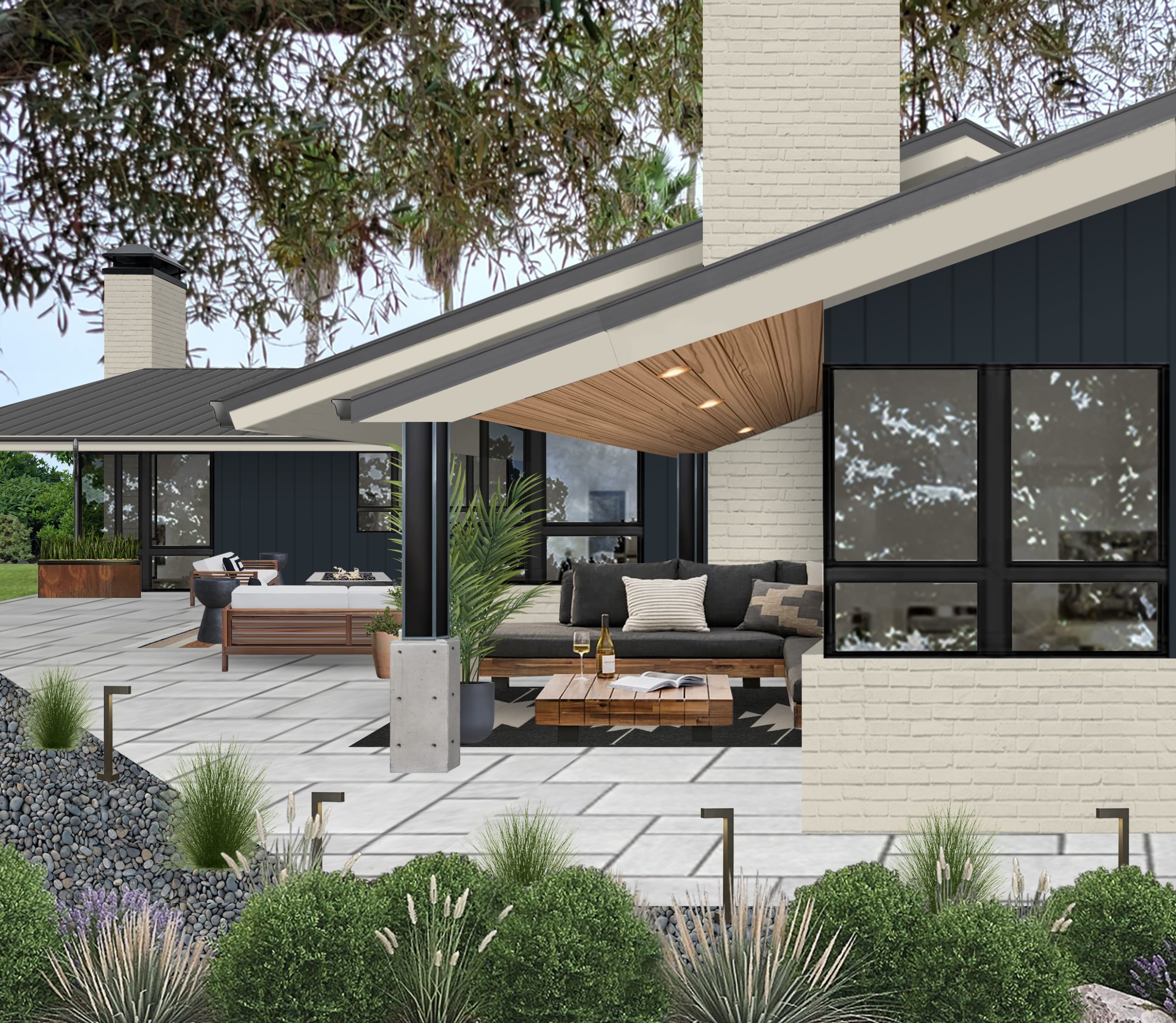 A contemporary home with cold weather landscaping.