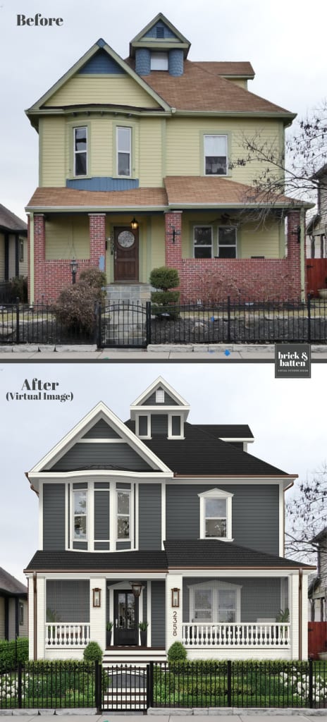 before-and-after rendering of a victorian home with a gray color palette