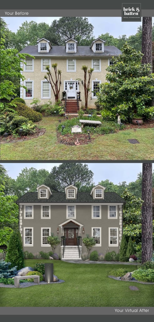 before and after photos of the same house with contrasting quoin detailing on the exterior side