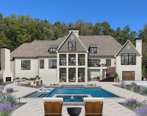 Virtual home rendering with a pool landscape designed by brick&batten.