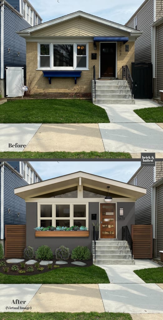 Before and after of a home with an updated front porch overhang and statement lighting