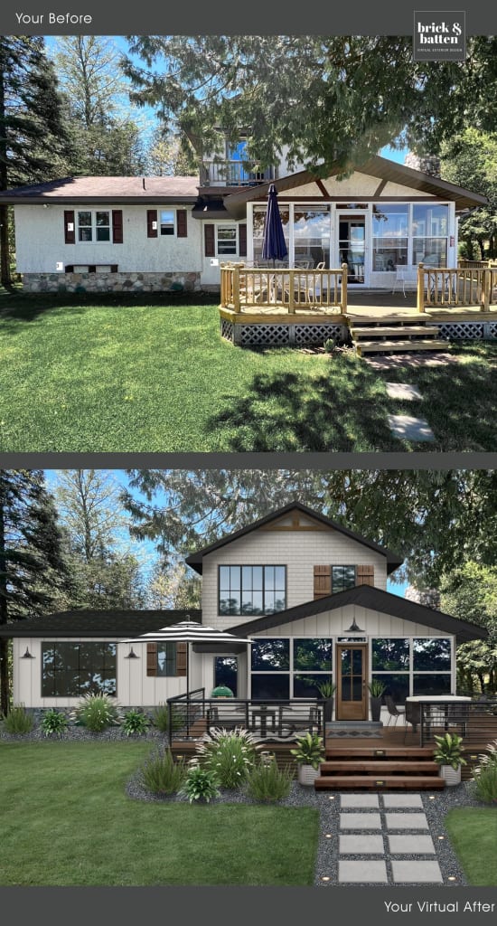 A before and after photo of the back view of a home