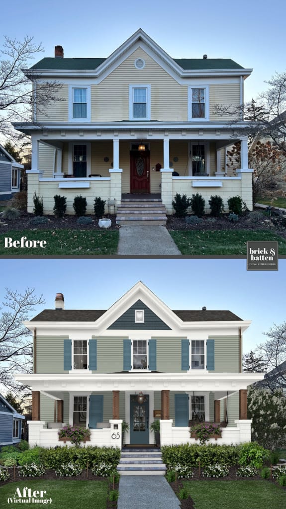 before-and-after rendering of a Victorian house with green siding and blue shutters