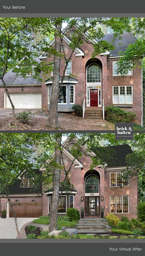 Before and after of a traditional two-story home with red brick and new trim