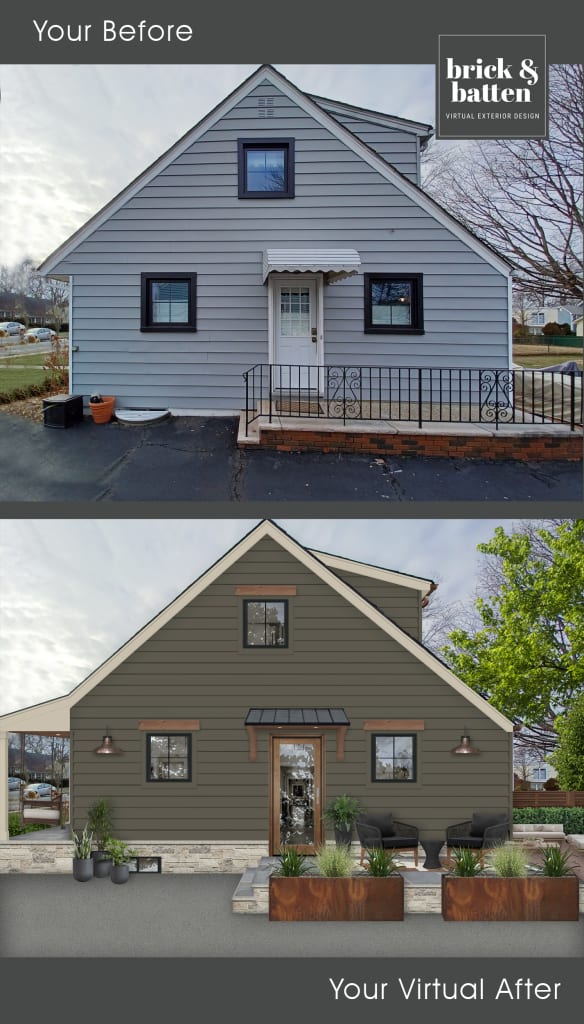 side of home rendering with stone house skirting in earthy neutral colors