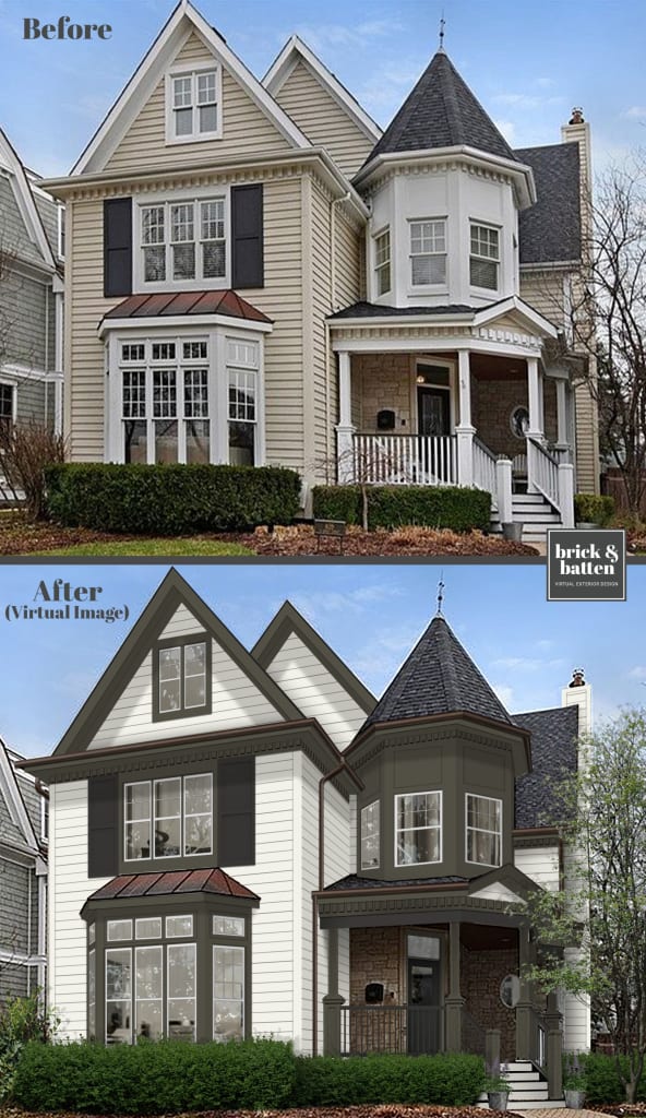 before-and-after rendering of a victorian with bold contrasting colors