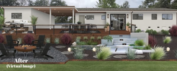 Backyard with an outdoor kitchen.