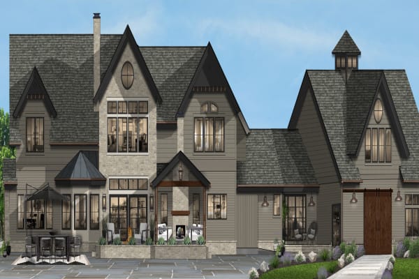 A beautiful rendering of a home with a stunningly designed backyard full of hardscaping