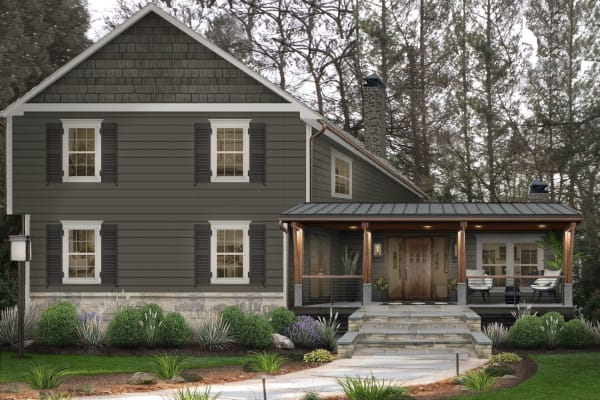 A traditional two-story home rendered in Sherwin Williams Urbane Bronze
