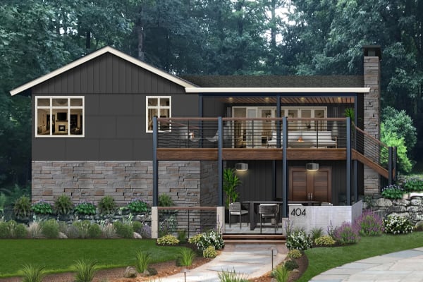 dark gray two-level home with iron columns and a balcony