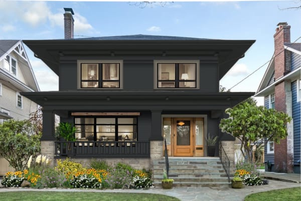 Virtual exterior design of a traditional home painted in Black Knight with Deep Creek accents