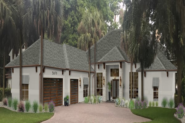 Virtual exterior design of a home given Bahama shutters and with beautiful lantern-style exterior lighting