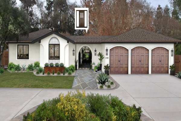 Virtual exterior design of a Spanish home with stucco painted in Simply White