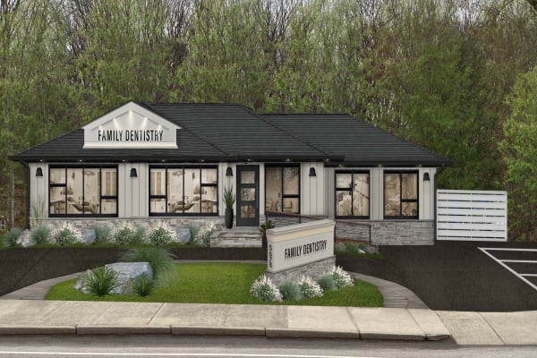 A dental office design idea featuring neutral greige and stone cladding