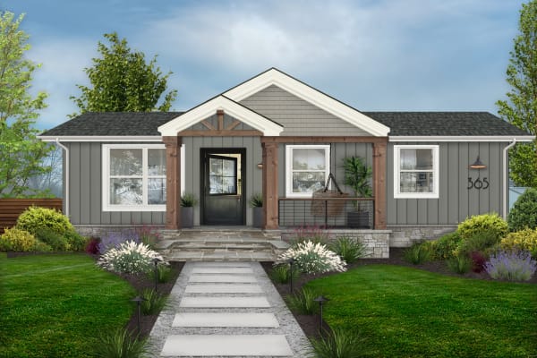 A ranch home rendered in Magnolia Home | James Hardie Collection colors Slate Steps and Stone Paver