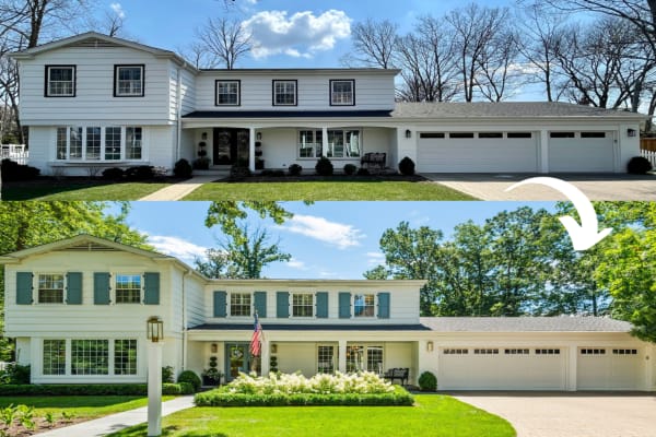 A before and after photo of a home's exterior