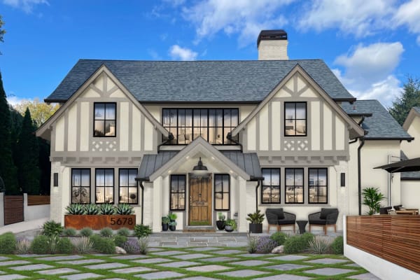 Rendering of a white home with black windows and wooden fence - brick&batten pro network - pro network.