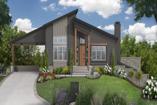 Home with a shed roof, dark siding, and gorgeous exterior design