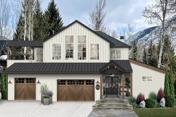 A two-story home with cladding rendered in Sherwin Williams' Alabaster