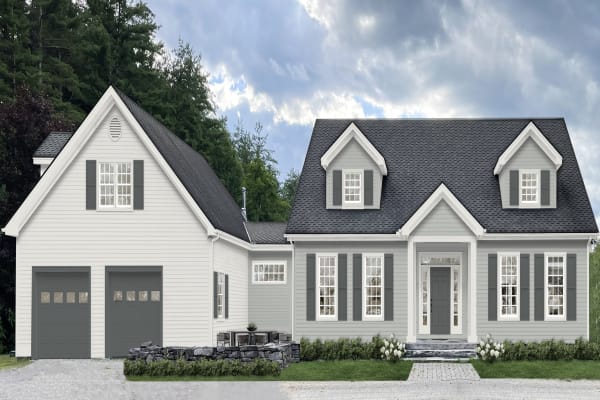 Traditional home rendered with new exterior house paint colors: Bracken Slate, Metropolitan, and Spare White