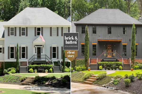 A before and actual after photo of a home with dark board and batten siding