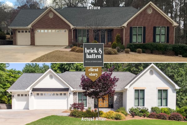 A before and after photo of a ranch home with painted brick