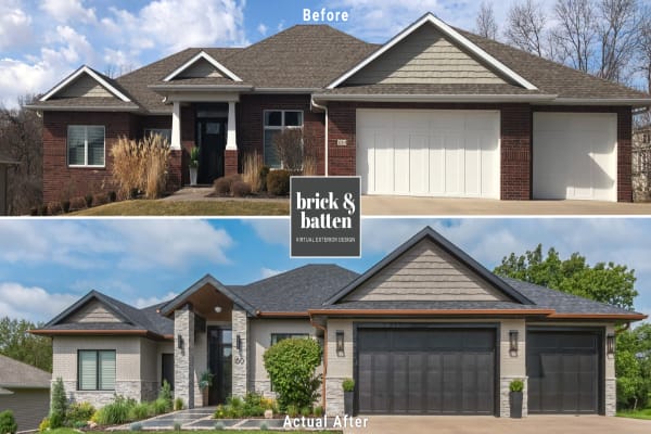 A before and actual after photo of a painted brick home with stone columns and siding