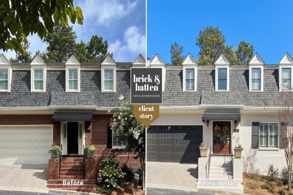 A before and after photo of a painted brick home