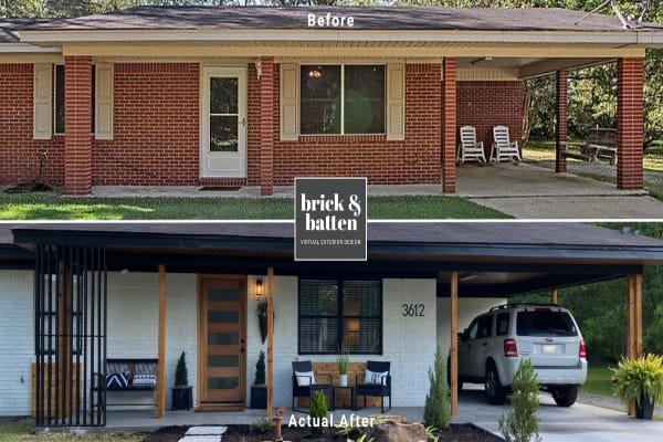 Before and actual after of a brick home that's been painted
