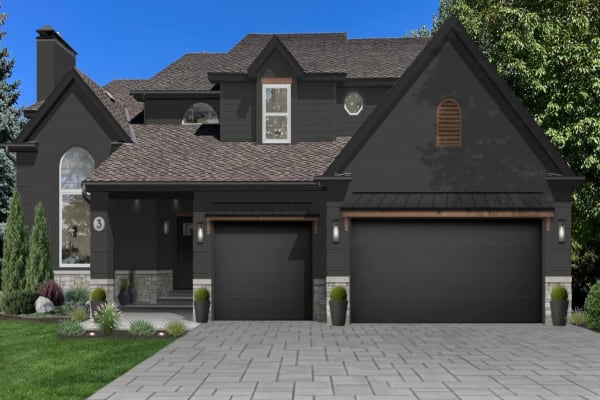 A home rendered in a dark color palette