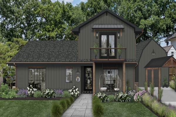 A home rendered in Ashwood Moss, one of our favorite exterior paint colors for 2024